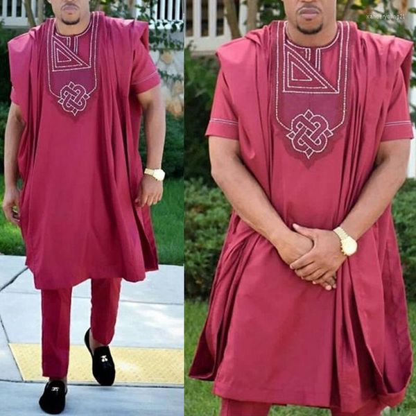 Ropa étnica HD Hombres africanos 3 piezas Conjunto para hombre Dashiki Robe Camisa Pantalones Traje Camiseta de manga corta Traje de fiesta de boda Traje formal