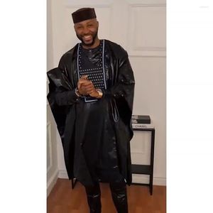 Vêtements ethniques HD Bazin vêtements africains pour hommes broderie traditionnelle Dashiki noir chemise à manches longues pantalon 3 pièces ensemble robe de mariée