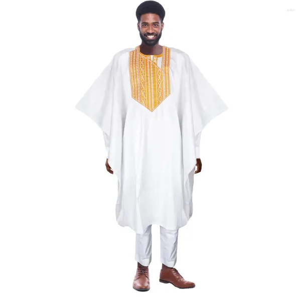 Vêtements ethniques HD Vêtements africains pour hommes Traditionnel Rich Bazin Original Broderie Blanc 3 PCS Ensemble Fête de mariage Ramadan