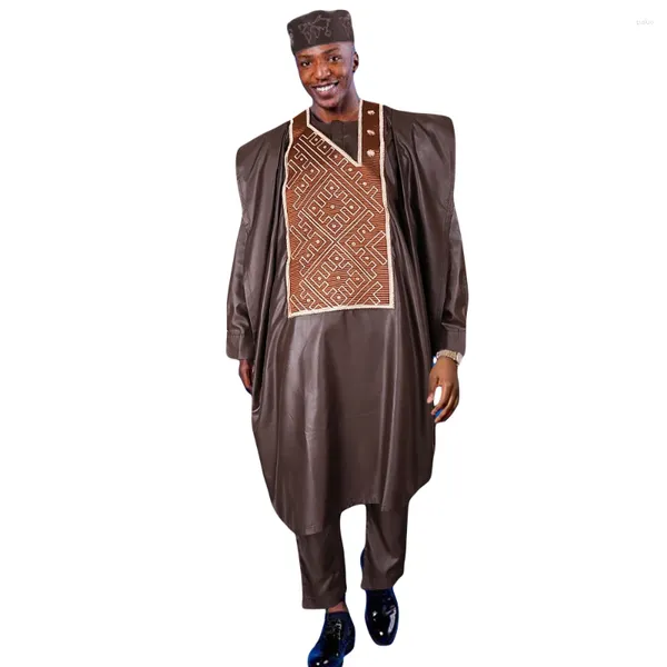 Vêtements ethniques HD Vêtements africains pour hommes Tradition Robe de fête de mariage Broderie Chemise marron Pantalon 3 pcs Ensemble Dashiki Agbada Ramadan