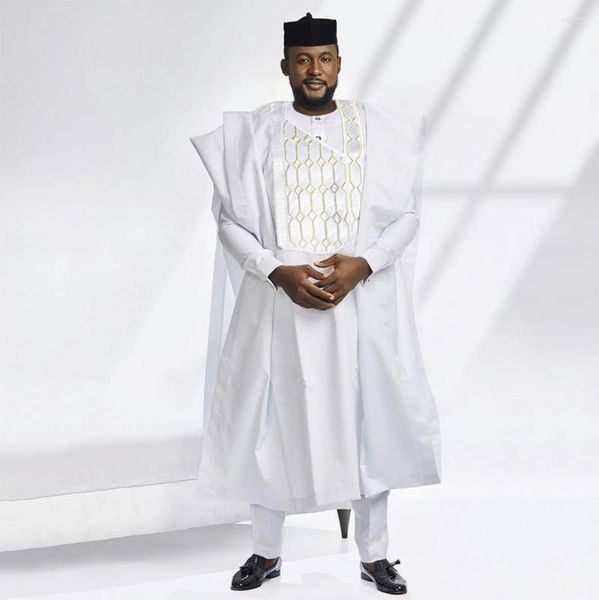 Vêtements ethniques HD Vêtements africains pour hommes Tradition Broderie Bazin Riche Chemise Pantalon 3 PCS Ensemble Blanc Fête de mariage