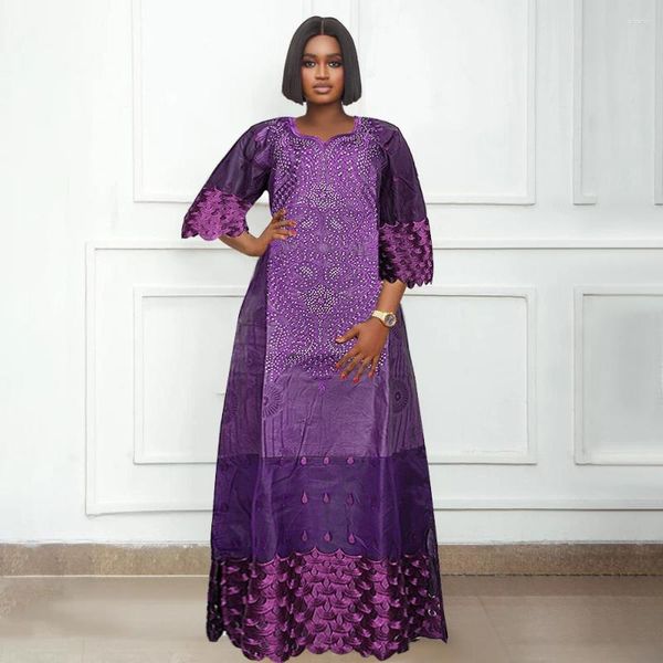 Ropa étnica HD vestidos africanos para mujeres tradicional Bazin bordado púrpura encaje mujer vestido bata femme africain fiesta de boda