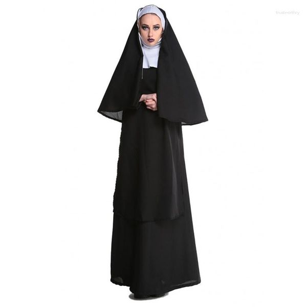 Ropa étnica Juego de rol de Halloween Traje de monja Vestido negro de oficina Padre María Ropa de cosplay