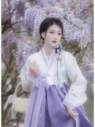 Ropa étnica Hanbok Mujeres Verano Gasa Púrpura Vestido tradicional Corte Boda coreana Asia Islas del Pacífico