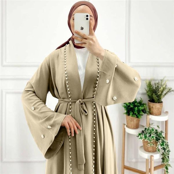 Vêtements ethniques Perles faites à la main Perles Musulman Abaya Élégant Couleur Pure Longue Abayas Femmes Modeste Porter EID Robes WY004