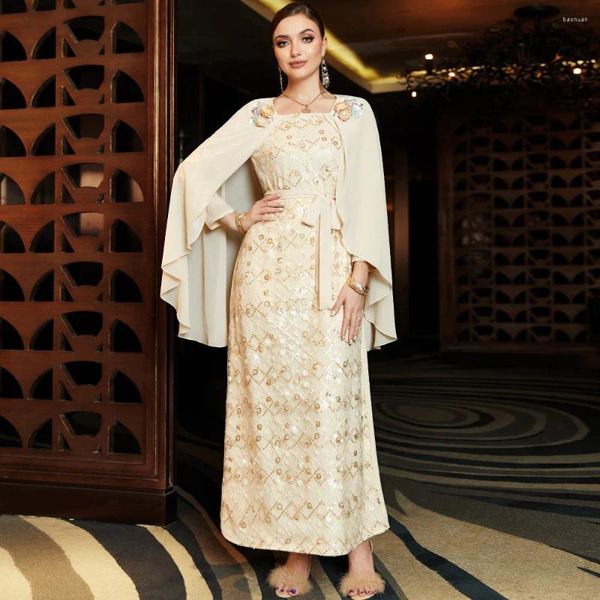 Vêtements ethniques Robe de cape de diamant cousue à la main Mode Mualim Femmes Floral Paillettes Abaya Turquie Soirée Dubaï Kaftan Robe Marocaine Arabe