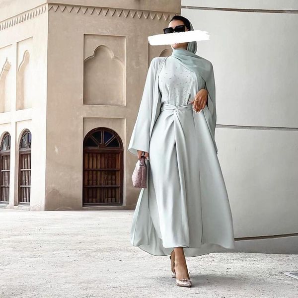 Ropa étnica Handcraft Beads 3 piezas Crystal Luxury Muslim Set Modest Outfit Mujeres Verano Nida Open Abaya