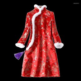 Vêtements ethniques Hanfu Qipao Robe traditionnelle chinoise Veste en coton Manteau Femme Épaissi Rembourré Hiver Festif Élégant Cheongsam Rouge