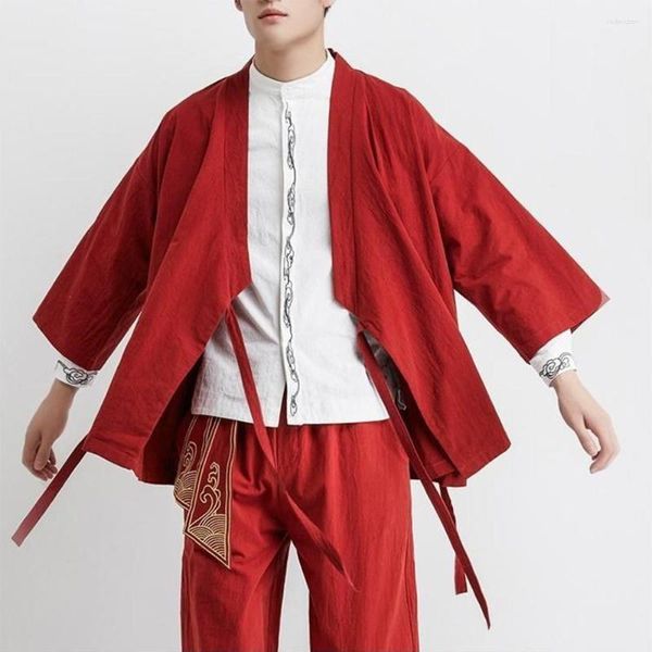 Ropa étnica traje Hanfu Men'sTang suelto estilo chino manga tres cuartos túnica cárdigan antiguo Zen Retro abrigo chaqueta