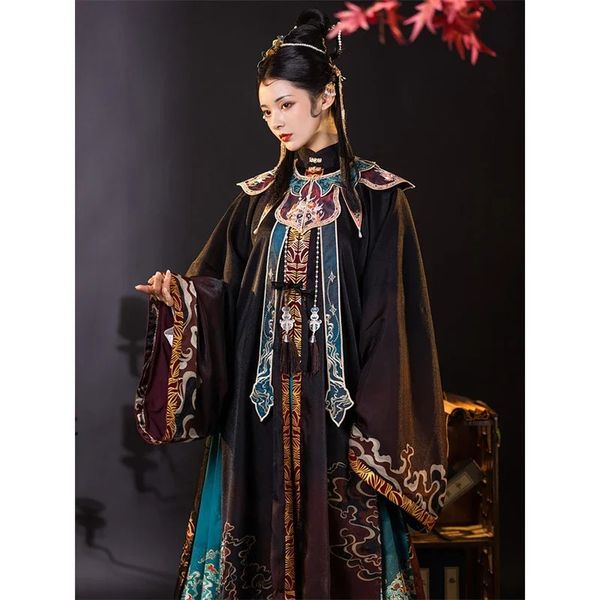 Vêtements ethniques HanTang Chinois Traditionnel Ming Dynastie Hanfu Femmes Stand Collier Noir Longue Robe Nuage Épaule Cheval Visage Jupe Ensemble Complet 231212