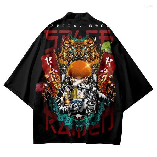 Ropa étnica Harakuju Samurai Negro Astronuat Imprimir Cardigan Hombres Camisa Asia Streetwear Japonés Robe Kimonos Traje Haori Yukata