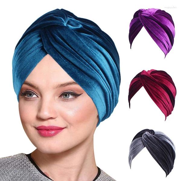 Ropa étnica Pañuelo en la cabeza Lujo Terciopelo suave Turbante Estiramiento Sombrero Cruz Twist Cap Chemo Caps Headwrap Diademas Sombreros musulmanes Headwear