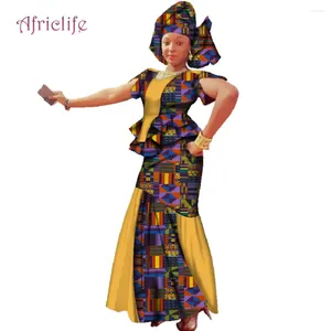 Etnische Kleding Headwrap Top Rok 3 Delige Set Dashiki Vrouwen Jurk Afrikaanse Wax Print Patchwork Kleding Dame Katoen Vrouwelijke WY2431