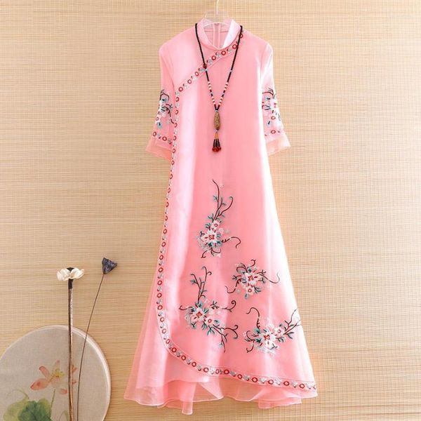 Abbigliamento etnico Hi-end Summer Women Organza Cheongsam Ricamo Slim Elegante Lady Stile cinese A-line Party Qiapo Dress S-XXL