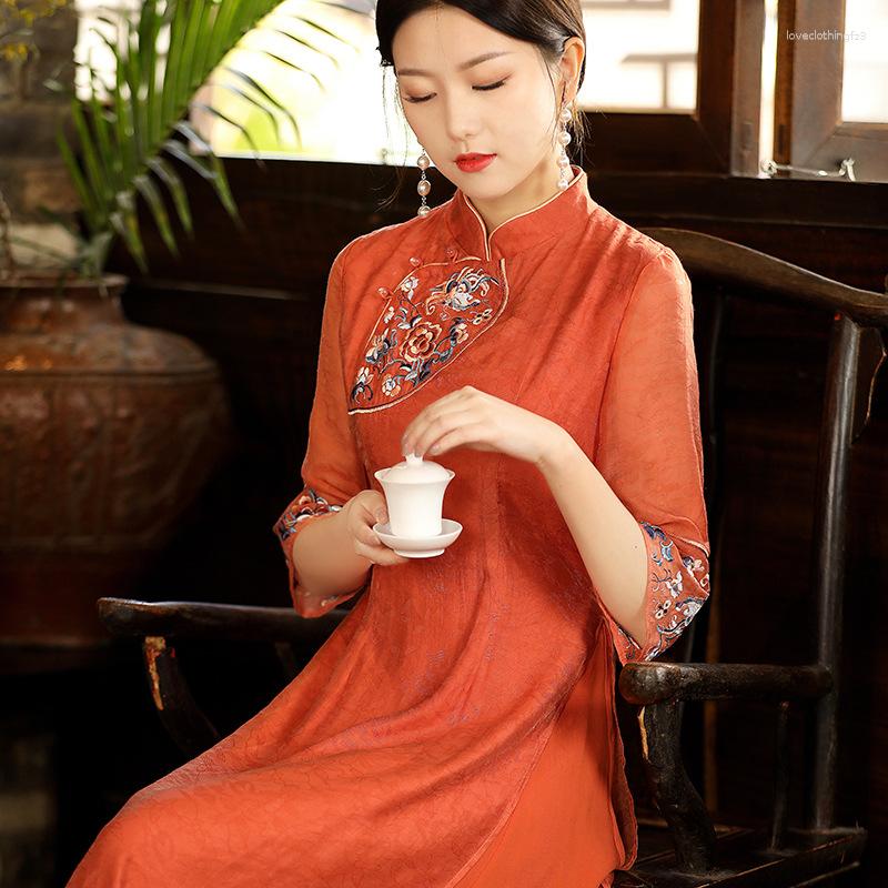 Etniska kläder avancerade sommarkvinnor broderi cheongsam klänning retro elegant lady qipao slim party kvinnlig s-xxl