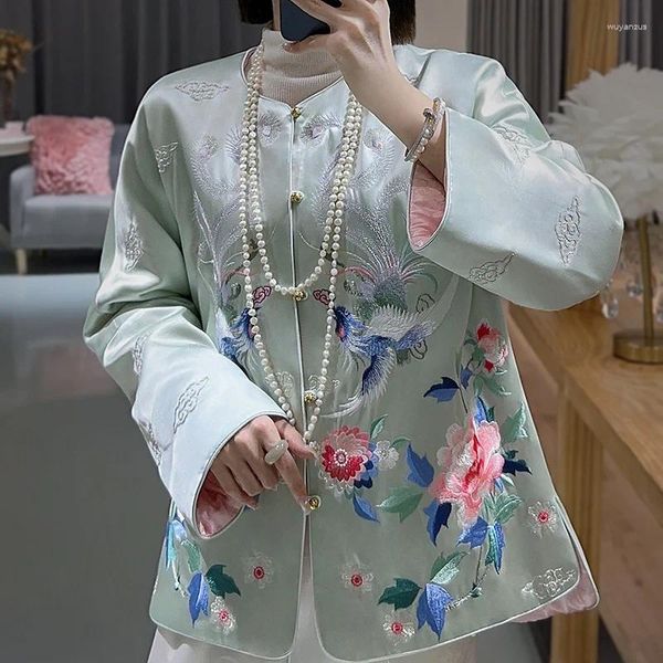 Vêtements ethniques Haut de gamme Hiver Femmes Veste Top Style Chinois Broderie Élégante Dame Acétate Réversible Manteau Chaud Femme S-XXL