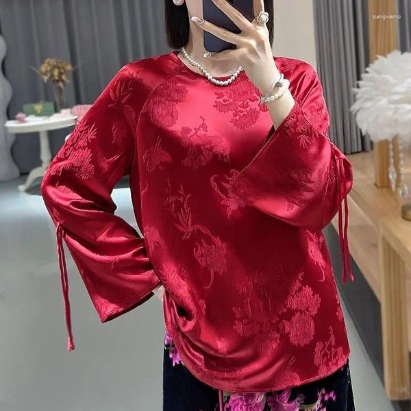 Vêtements ethniques Haute Qualité Automne Style Chinois Top Femmes O-Cou Papillon Amour Fleur Slim Chemise Douce Et Confortable S-XXL