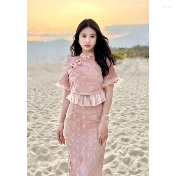Vêtements ethniques Haute qualité Style chinois Rose Floral Dentelle Trim Cheongsam Top Jupe pour les femmes 2023 Robes de soirée de fête d'anniversaire douce