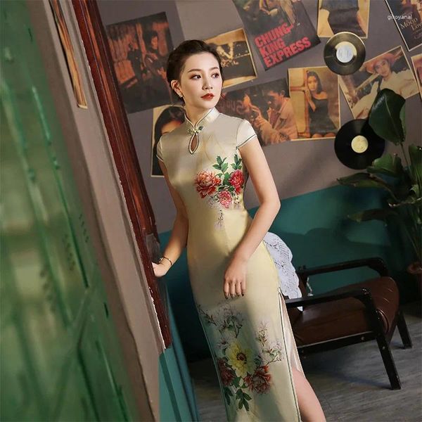Vêtements ethniques de haute qualité Real Silk Qipao Cheongsam Top Jirt Hanfu Sincall High-Dee Wear Banquet Robe de soirée sexy