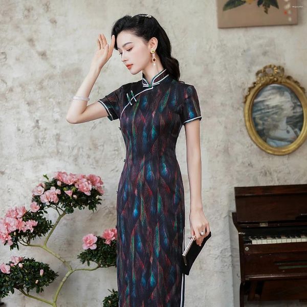 Vêtements ethniques de haute qualité Real Silk Qipao Cheongsam Top jupe élégante mince robe de soirée