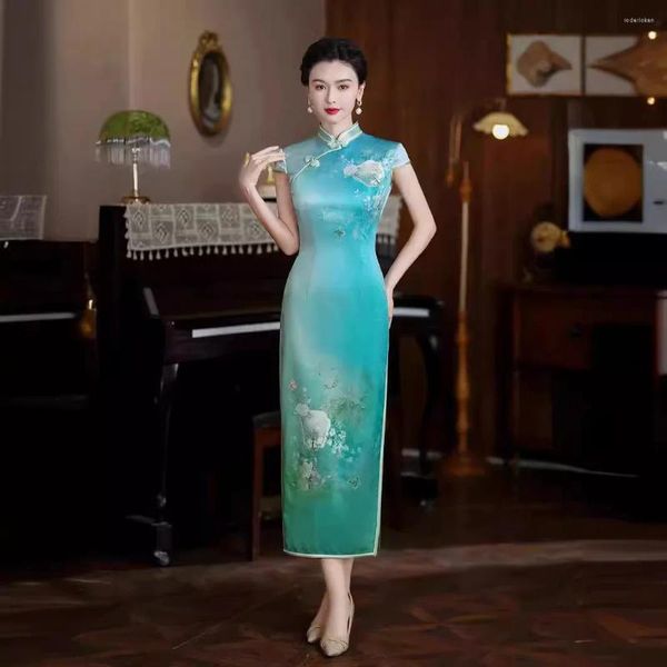 Vêtements ethniques de haute qualité Real Silk Qipao Cheongsam Top jupe robe de soirée gaminée quotidienne