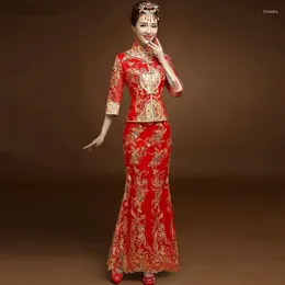 Vêtements ethniques de haute qualité Robe de mariée chinoise rouge Femme Cheongsam Gold Slim Femmes traditionnelles Qipao pour la fête