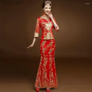 Vêtements ethniques de haute qualité Robe de mariée chinoise rouge Femme Cheongsam Gold Slim Femmes traditionnelles Qipao pour la fête