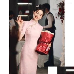 Vêtements ethniques Haute Qualité Sweet Rose Stand Collier Jacquard Perle Décorée Côté Slit Cheongsam Pour Femmes Été Moderne Chinois Drop OTC3Y