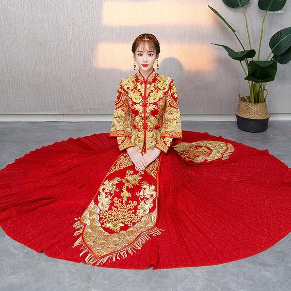 Vêtements ethniques Robe de mariée traditionnelle chinoise de haute qualité Longue Cheongsam Broderie à la main Qipao Gland Strass Rétro Dressing