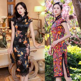 Etnische kleding hoogwaardige vrouwen natuurlijke zijdejurk sexy kanten avondfeest elegante print bloem qipao chinese traditionele gewaad jurk