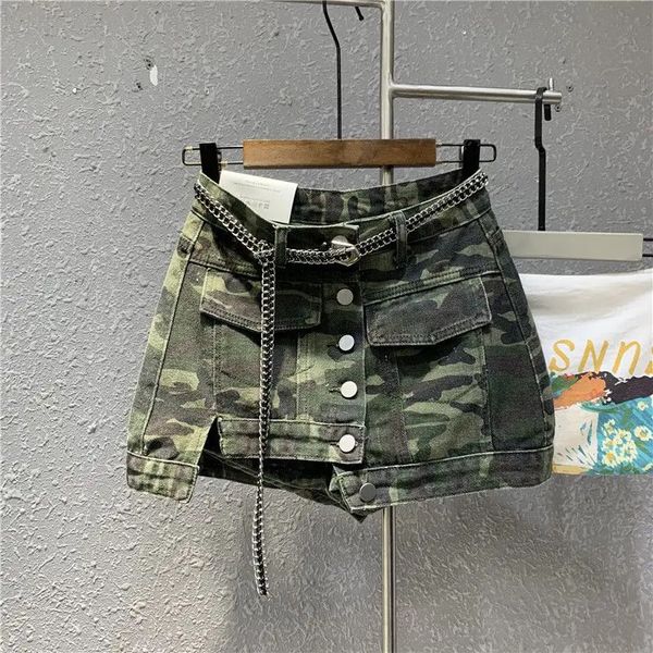 Vêtements ethniques High Street Camo Demi-jupe Femmes Spicy Girl Sexy Taille Casual Denim Pocket Short Jean Jupe 231213