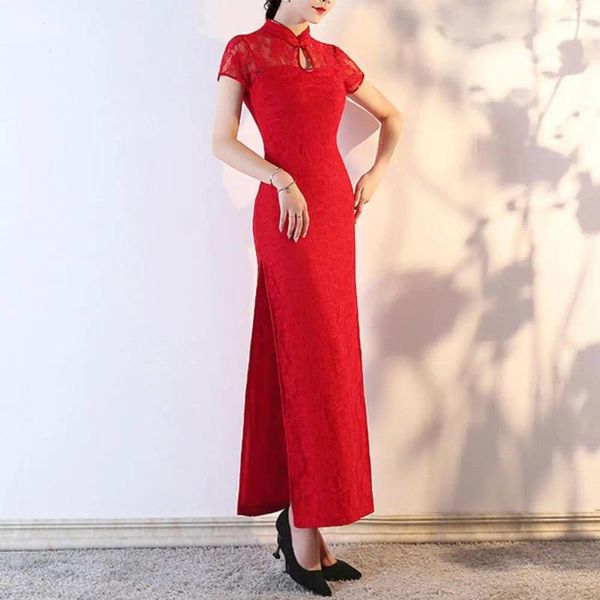 Ropa étnica Cheongsam de longitud de cadera elegante vintage vestido maxi de encaje chino con cuello de pie lado dividido clásico qipao para mujer