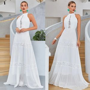 Etnische kleding uitgehold witte mouwloze lange jurk A-lijn hoge taille halve kraag elegante mode vrouwelijke kanten midi-jurken feest