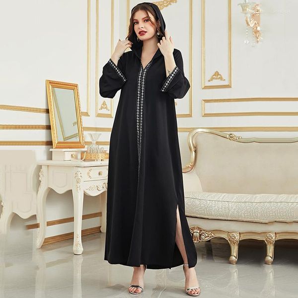 Ropa étnica con capucha vestido negro Abaya para mujeres musulmanas 2023 con cremallera Color sólido mangas largas Dubai islámico Medio Oriente vestidos