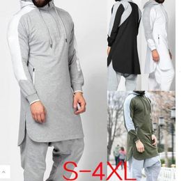 Etnische kleding Hooded Men Moslim Jubba Thobe patchwork Islamitische kleding Lange mouw Dubai Kaftan Male Saoedi -Arabië Shirt Plus Maat 3xl 4xl 230529