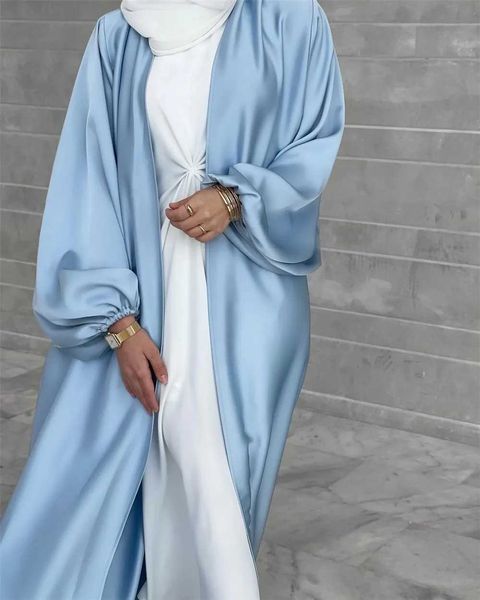 Vêtements ethniques Vente à chaud Puff Slve Cardigan Robe Elegant Colorful Satin Open Abaya Summer Arab Oman Duabi Maroccan Caftan musulman Eid Wear T240510