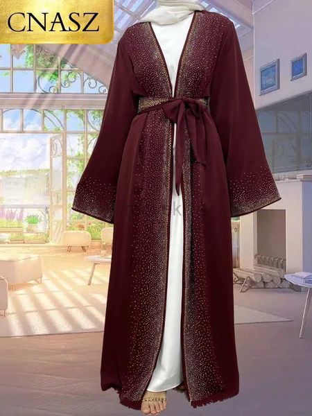 Ropa étnica Venta caliente Ramadán Cárdigan de dhinestona vestidos islámicos con bolsillos ka musulmán kimono abaya dubai ropa modesta mujeres rojo d240419