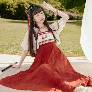 Vêtements ethniques Amélioré Hanfu Vêtements Femmes Adulte Nouveaux Vêtements Style Chinois Robe Rouge Broderie Manches Bouffantes Jupe Festival Vêtements DQL6941 G230428