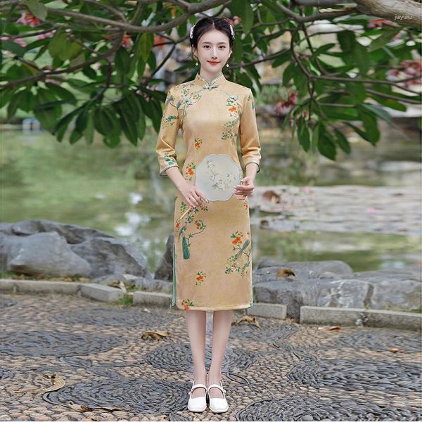 Vêtements ethniques améliorés Impression Cheongsam 2023 AUTUMN ROTRO DISC DISC BOUCLE SLIT SLIM MIDEGHNEGHTHING GIRL CHINOIS QIPAO BANQUET POUR FEMMES