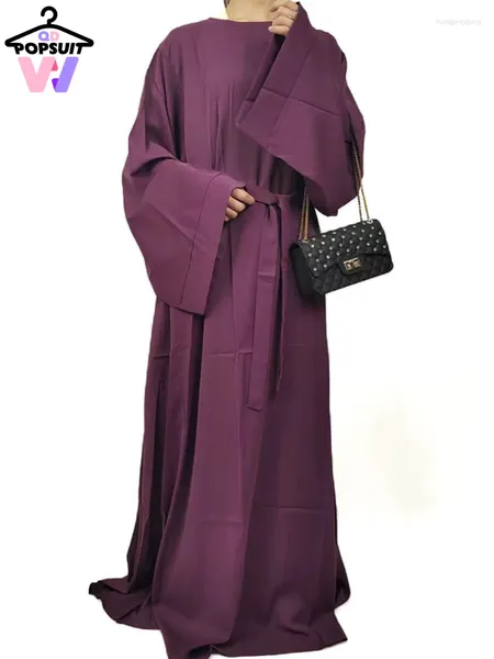 Ropa étnica en vestido de mujer Moda Musilim Abaya Sin bufanda Cinturón sólido suelto Mangas largas Puños anchos Sobre el dobladillo de tamaño Robe