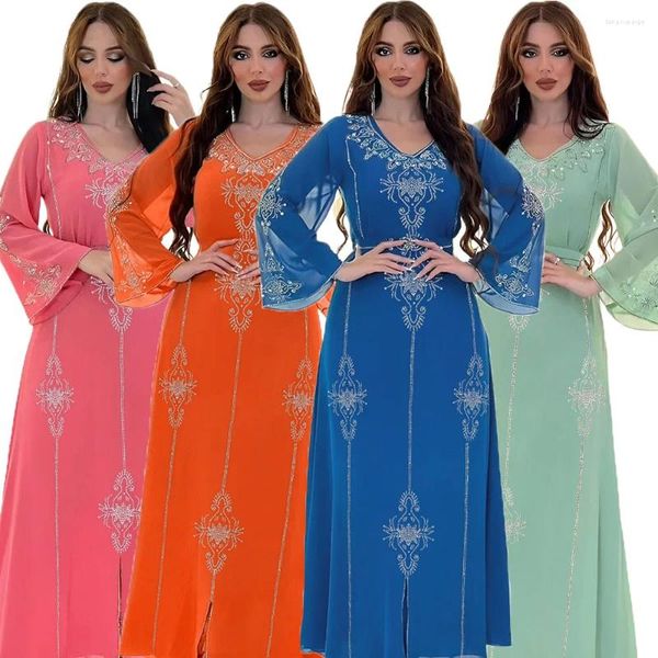 Ropa étnica India Musulmán Abaya Vestidos Mujeres Boda Vestido de fiesta de noche Elegante con cordones Turquía Diamante con cinturón Robe Abayas Marruecos