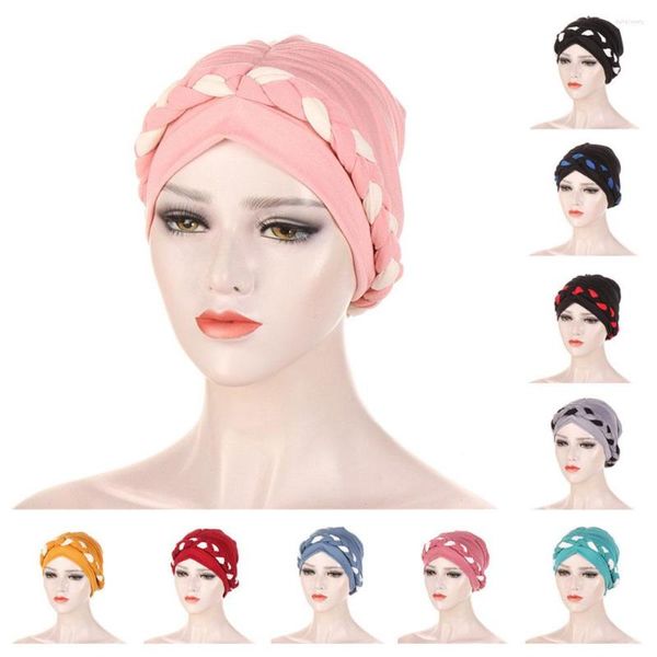 Ropa étnica India Turbante Cap Dos colores Mujeres musulmanas Hijab Chemo Hat Braid Headscarf Beanie Bonnet Canner Islam Headwear Wrap Pérdida de cabello