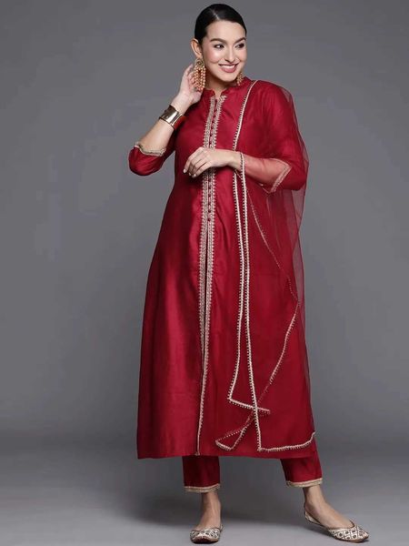 Vêtements ethniques Indian Womens Red Silk Cotton 3 pièces Set avant Point de vue Pakistani Vêtements indiens robes pakistanai