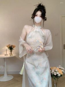 Etnische kleding inkt schilderen Chinese stijl jurk dames elegante verbeterde cheongsam girl's sexy qipao tweedelig pak