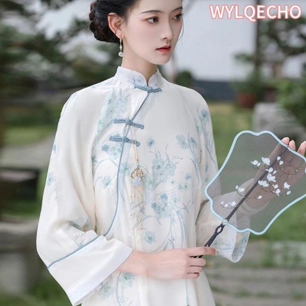 Ropa étnica invertida suelta manga larga antiguo chino cheongsam mejorado bordado de alta gama blanco moderno vestido qipao