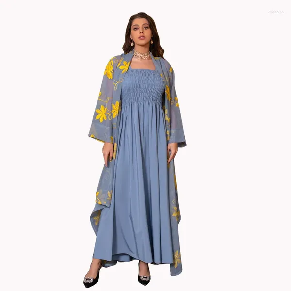 Vêtements ethniques Islamique Abaya Broderie Chic et élégante Femme Robe Maille Cardigan Ceinturé Kaftan Solide Gris Camisole Ensembles Musulmans