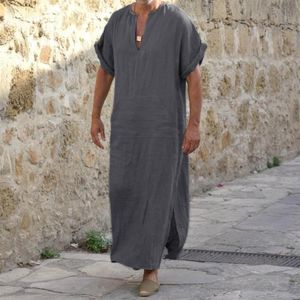 Vêtements ethniques Islamique Arabe Kaftan Hommes Chemises Lin Coton Solide Manches Courtes Robes À Capuchon Dubaï Moyen-Orient Vêtements Musulmans215c