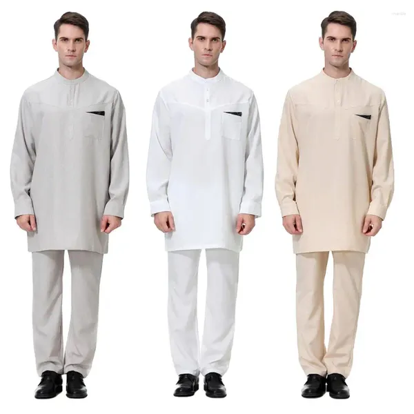 Vêtements ethniques Islamique Arabe Hommes Robe Thobe Kaftan Jubba Abaya Musulman Thoub Dubaï Daffah Dishdasha Saoudien Manches Longues Hauts Pantalons Tenues