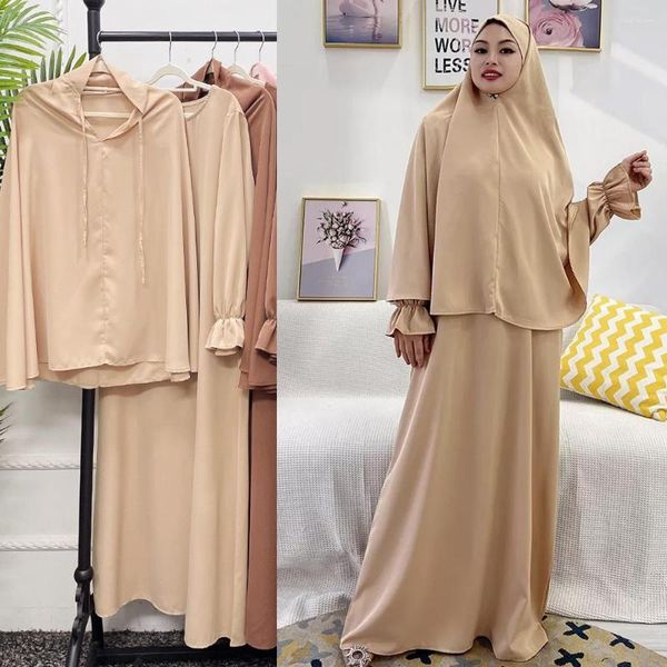 Roupas étnicas islâmicas Dubai Nida Tecido Abaya de duas peças com Khimar Hijab Conjunto muçulmano Roupas de oração Vestidos para mulheres