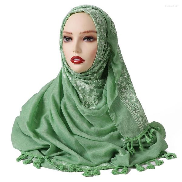 Ropa étnica Hijab de encaje bordado islámico con cristal musulmán borla bufanda larga de algodón y lino chal brillo brillante brillo pañuelo en la cabeza